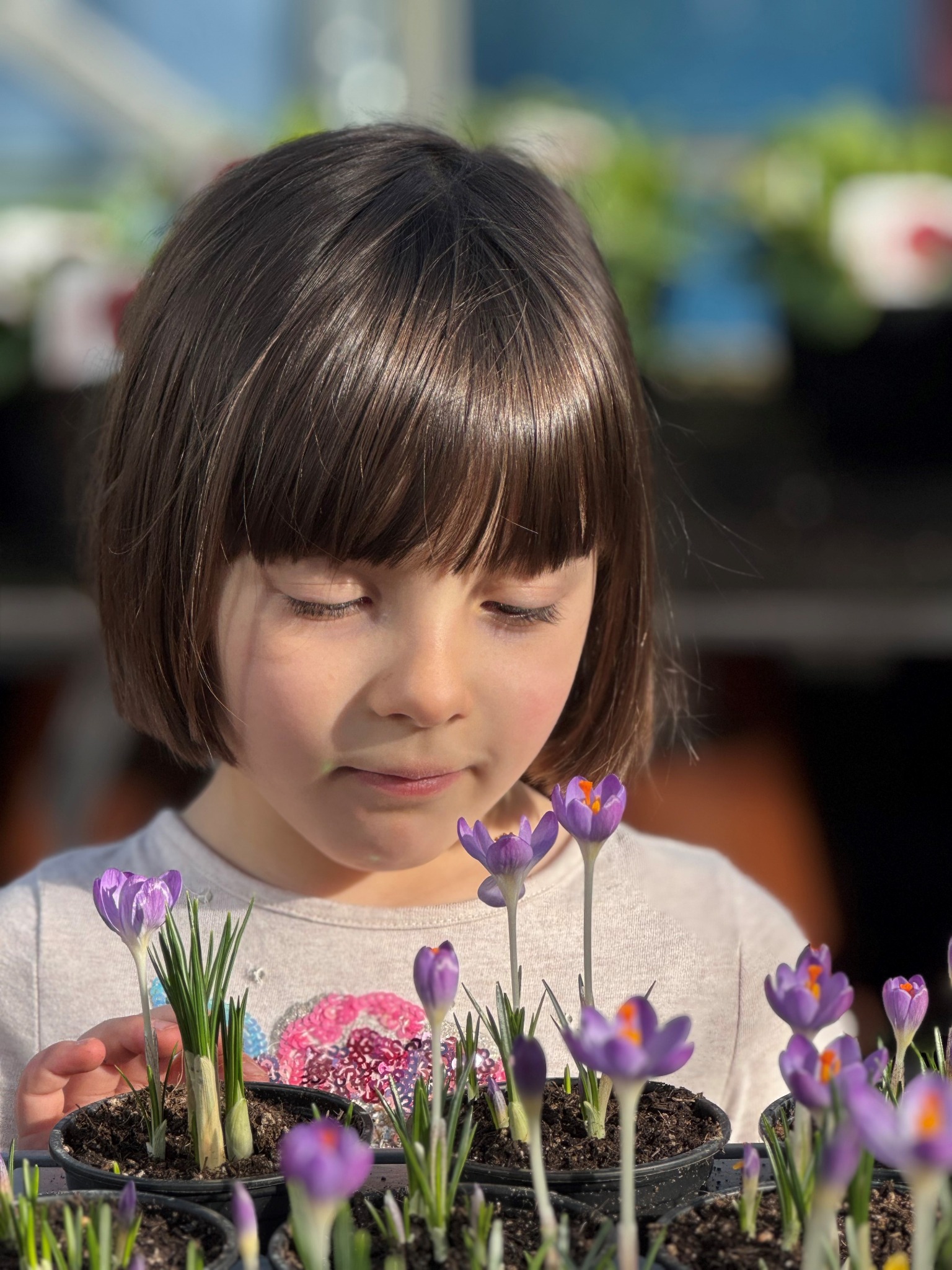 Child observing flowers in a garden